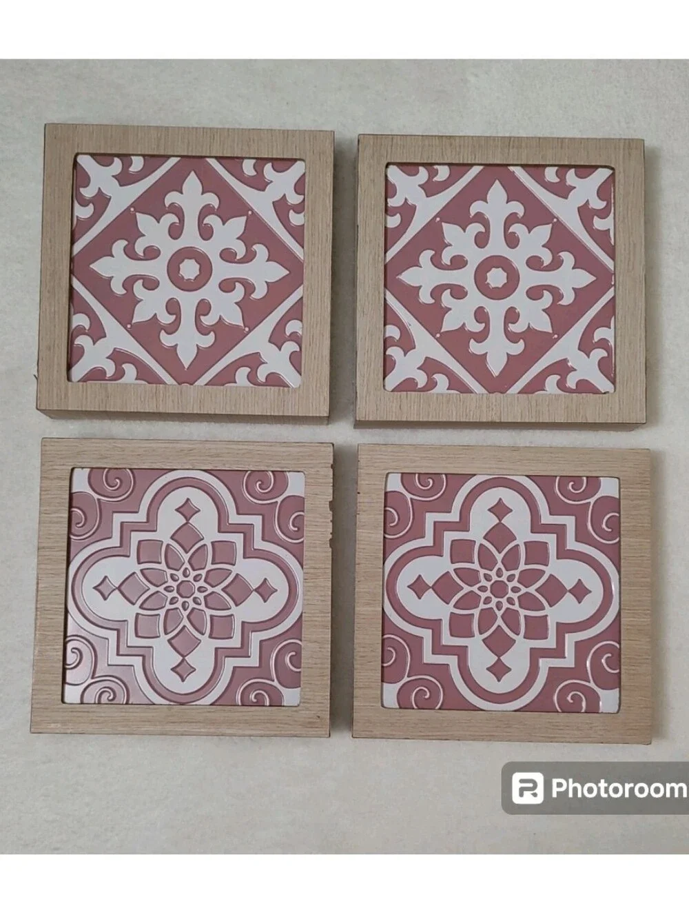 Set of 4 Pink White 8x8 Framed Wall Art Metal Tile Square Plaque Coquette Decor